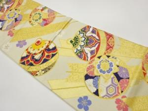 鈴に矢羽根・桜模様織出し袋帯